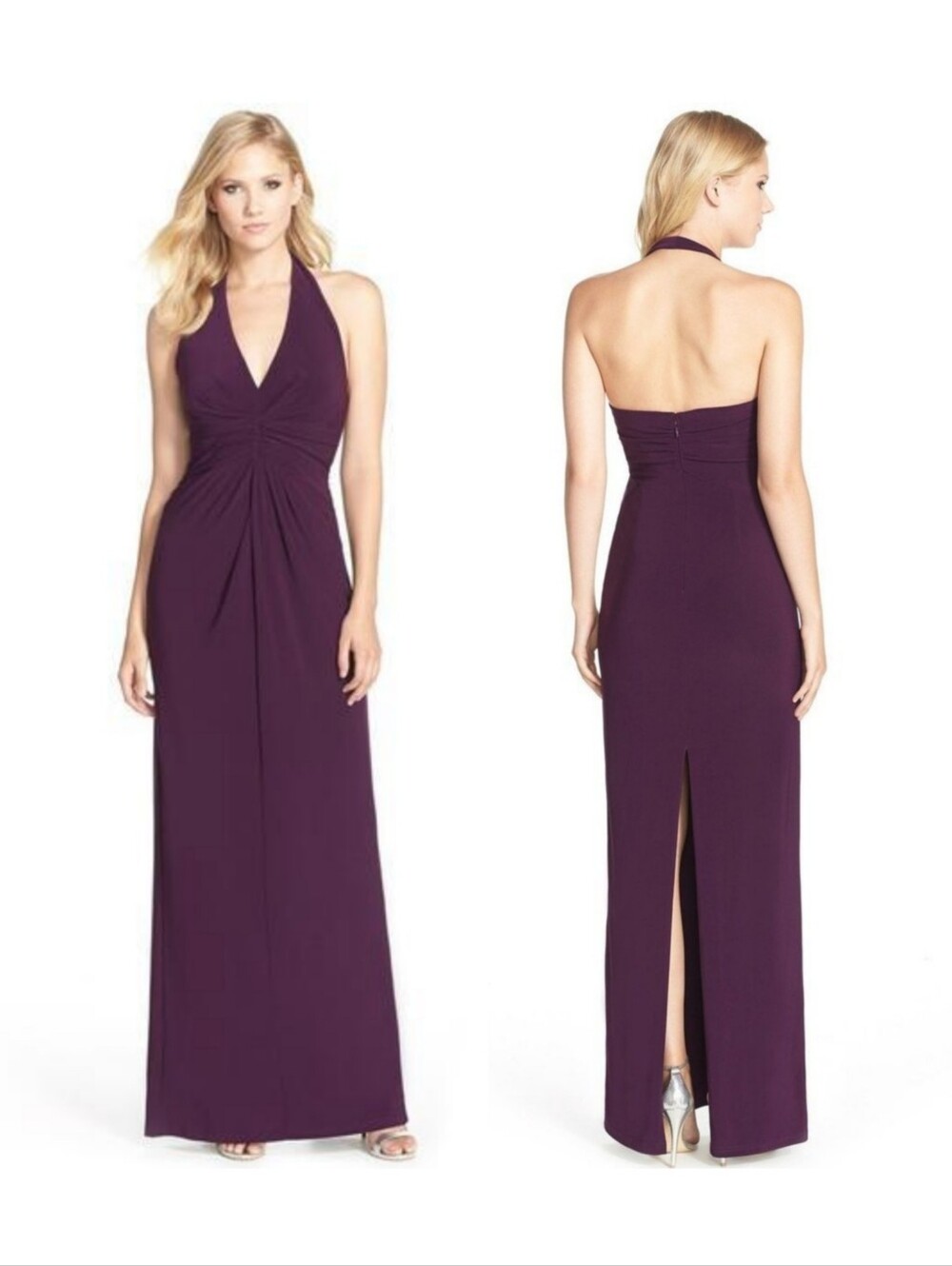 Adrianna Papell Ruched Halter V-neck Jersey Dress Purple Size 4